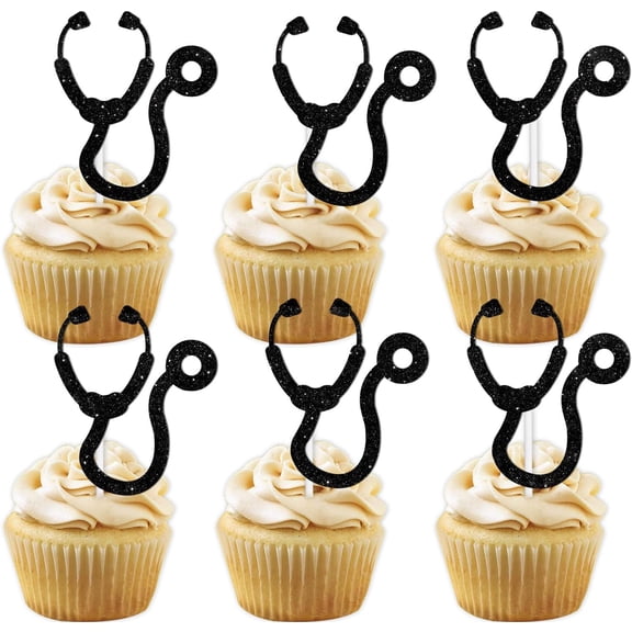 Black Glitter Stethoscope Cupcake Toppers, Medical Theme Party Decorations for Doctor Nurse Graduation Birthday, 12 Count
