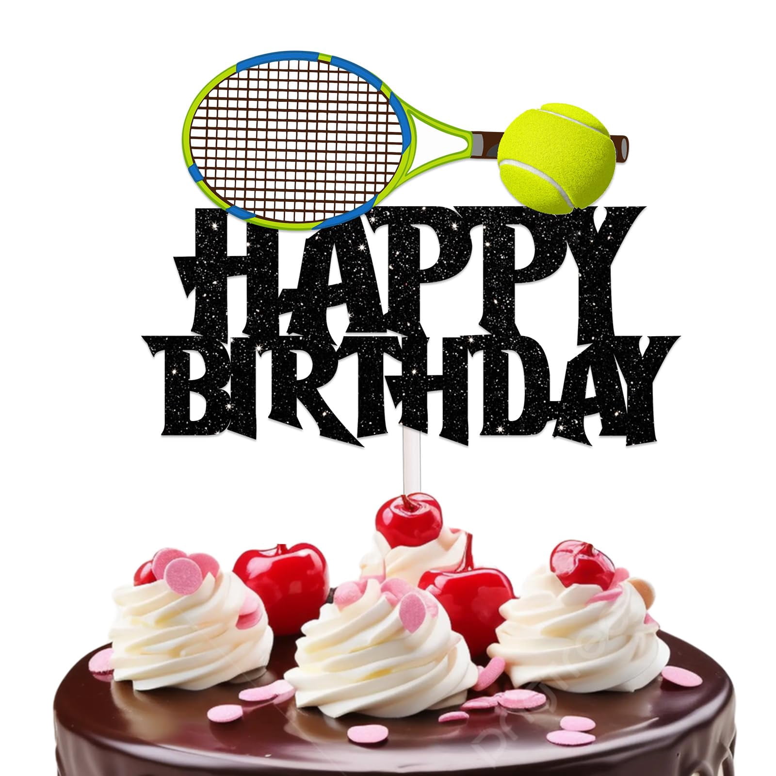 Tennis Happy Birthday Cake Topper - Black Glitter Racket & Ball Decoration For Sport Theme Parties