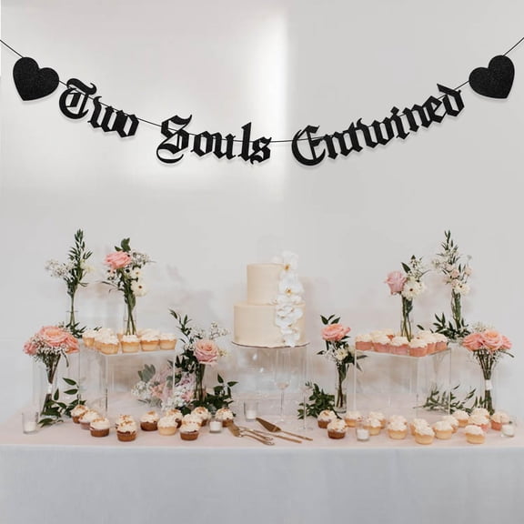 Black Glitter Two Souls Entwined Banner Old English Goth Wedding Decoration Banner Graland for Gothic Letter Emo Engagement Party Death Themed Wedding Engagement Bridal Shower Party Decor Supplies