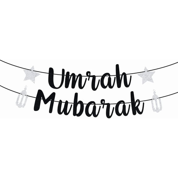 Black Glitter Umrah Mubarak Banner, Eid Mubarak/Happy Eid/Ramadan Kareem, Muslim Ramadan Party Decorations Supplies