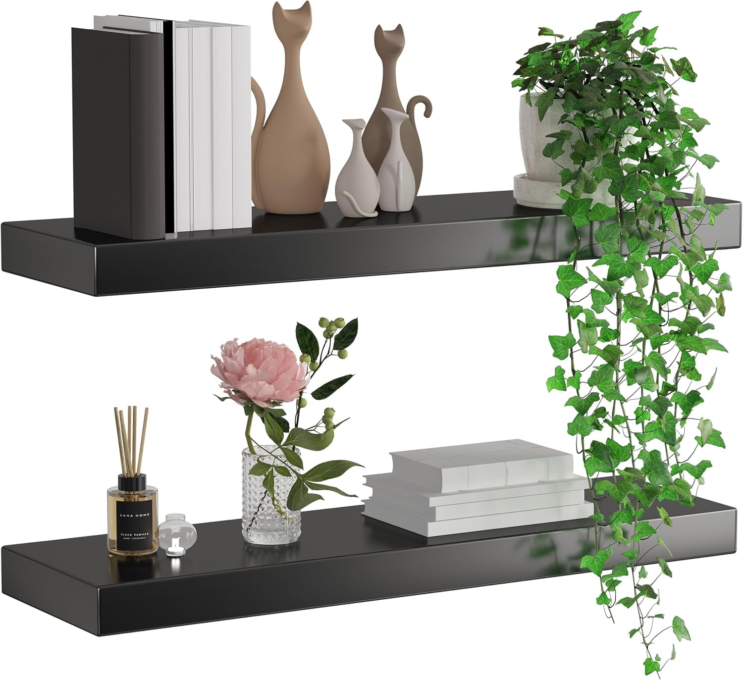 Black Glossy Finish Floating Shelves for Wall, 23.6'', Bright Solid
