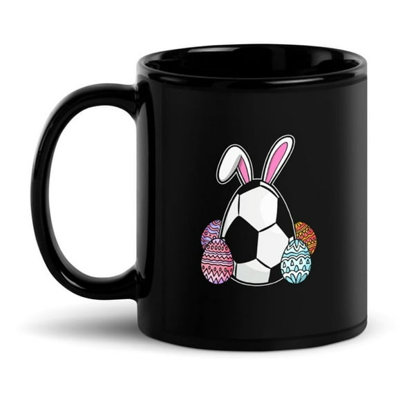 Black Glossy Mug, A Bunny With A Football Easter Eggs Easter Bunny , M-4198 (11 oz)