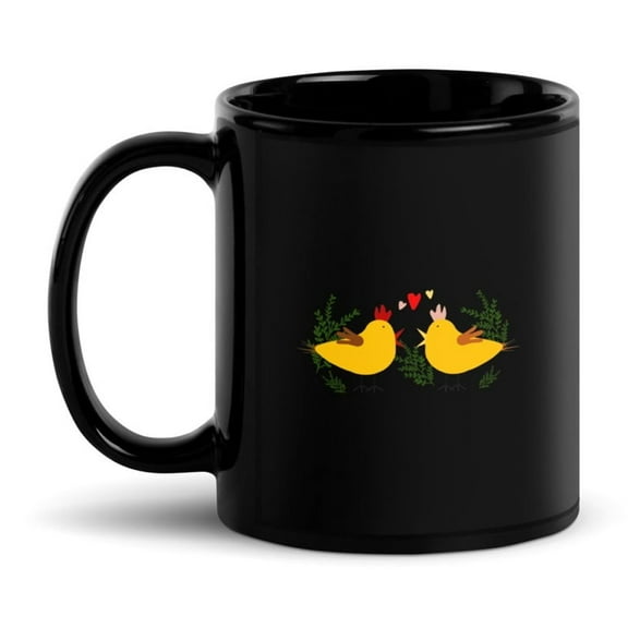 Black Glossy Mug, Couple of chickens in love , M-7842 (11 oz)