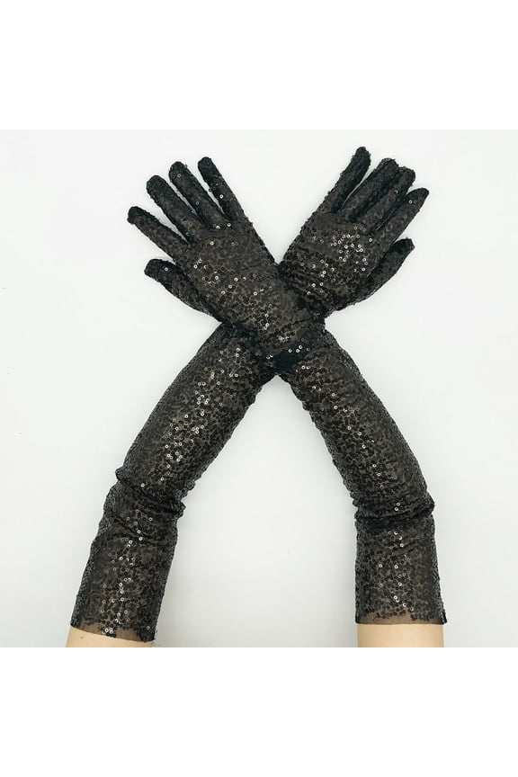 Black Gloves Mittens Fashion Sparkly Gloves Sequins Long Gloves Elastic Gloves Glitter Costume for Women and Girls