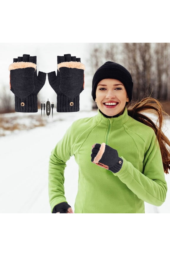 Black Gloves Mittens Men's Women's USB Heated Gloves KKUYT Heated Winter Gloves 3 Heating Levels Winter Hands Warm Laptop Gloves Knitted Heating Warmer Full & Half Fingerless Gloves Typing Gloves
