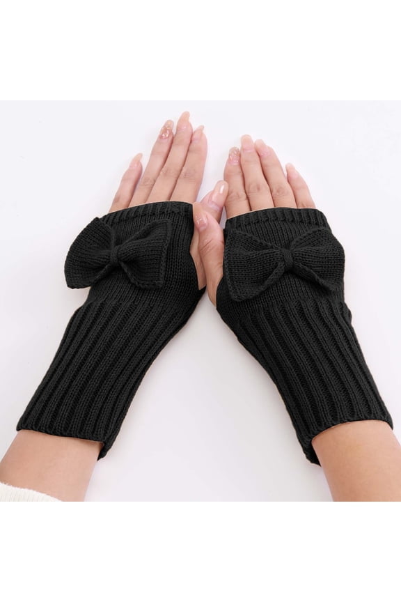 Black Gloves Mittens Short Bow Gloves Autumn and Winter Women's Cute Wrist Knitted Wool Warm Fingerless Gloves