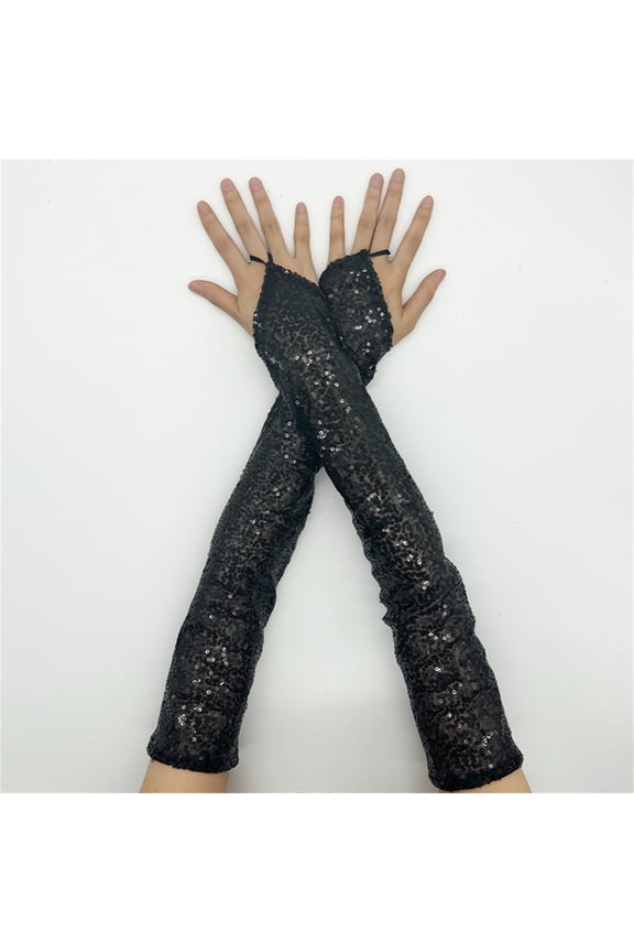 Black Gloves Mittens for Women Men Fashion Sequins Lace Fingerless Gloves Sparkly Gloves for Women's Glitter Costume Performances Wedding Etc