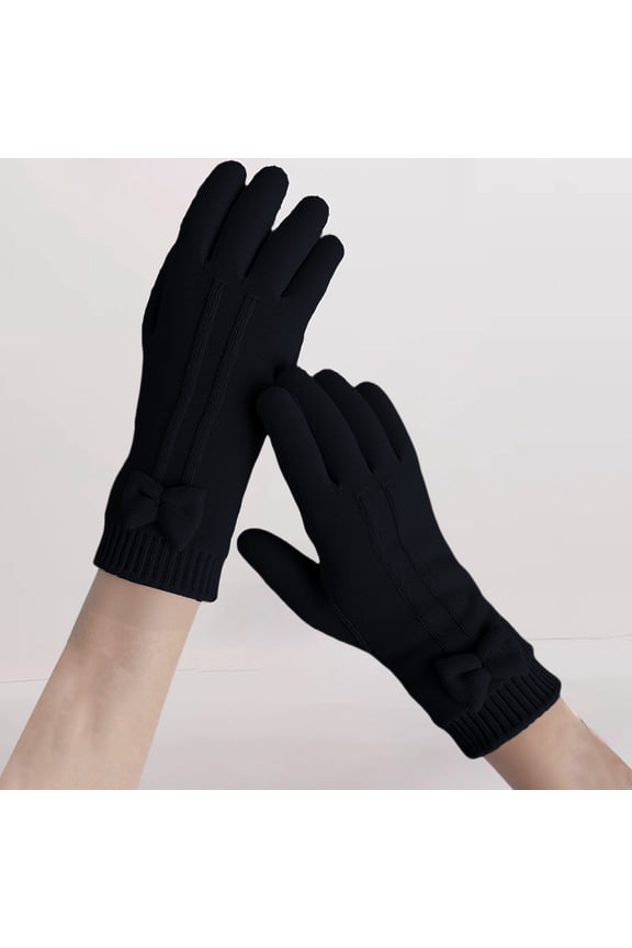 Black Gloves Mittens for Women Men Winter Warm Bow Screen Finger Separated Cute Knitted Wool Five Finger Gloves