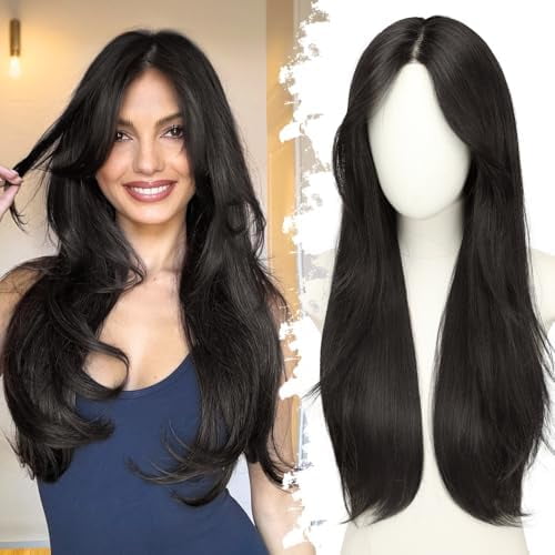 Black Glueless Wigs for Women Pre Cut Synthetic Lace Hairline Long Layered Straight Hairstyle 26 Inch