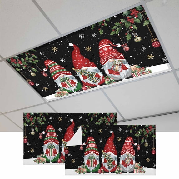Black Gnomes Christmas Fluorescent Light Covers, Xmas Ball Gifts Snowflake Magnetic Light Covers for Ceiling Lights, Fluorescent Ceiling Shade Filters for Classroom Bedroom Office 4x2Ft x 2PCS