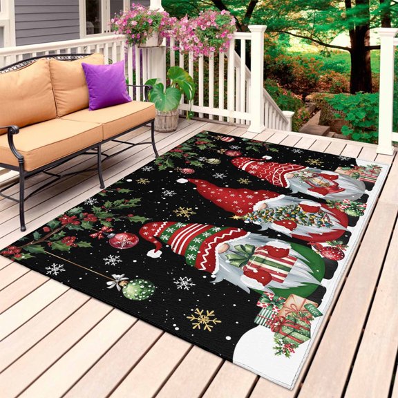 Black Gnomes Christmas Outdoor Rug 5x8 Ft, Non Slip Washable Area Rug, Xmas Ball Gifts Snowflake Patio Rugs Carpet Runner, Large Floor Mat for Indoor/Outdoor Deck Porch Camping