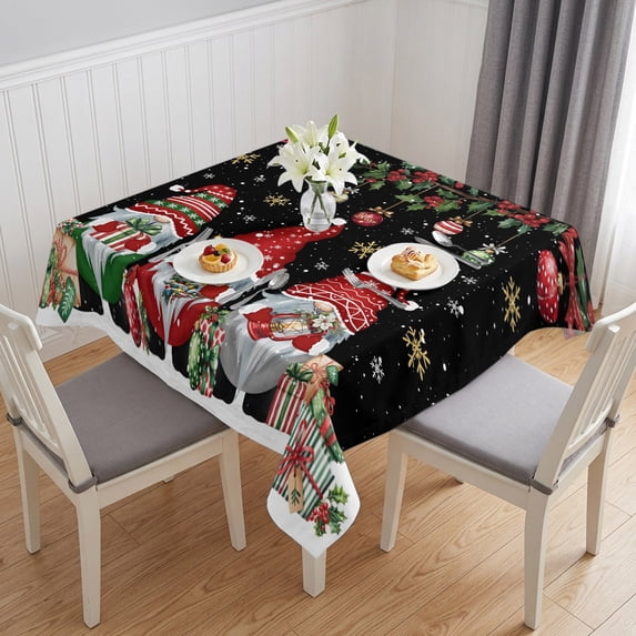Black Gnomes Christmas Table Cloth Waterproof Tablecloths, Xmas Ball Gifts Snowflake Tablecloth Dining Table Cover for Kitchen Party Tabletop Outdoor, Square Tablecloth 60x60 Inch
