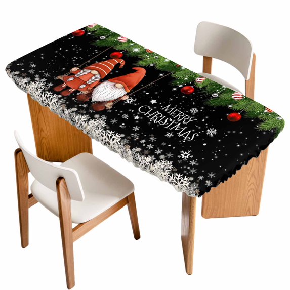 Black Gnomes Christmas Table Cloths for 6 Foot Rectangle Tables, Xmas Weeping Balls Snowflake Patio Waterproof Elastic Fitted Tablecloths, Washable Rectangular Table Cover for Camping