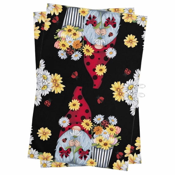 Black Gnomes Daisy Kitchen Towels Set of 2, Water Absorbent Dish Towel, Pastoral Country Garden Floral Decorative Hand Towels - Quick Drying Cloth for Cooking Baking, 18x28 Inch