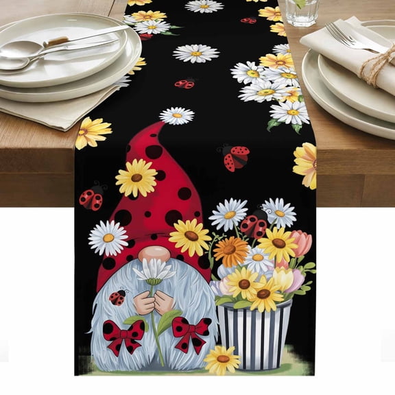 Black Gnomes Daisy Table Runner - 36 Inch Long, Kitchen Dining Table Runner Dresser Scarves, Pastoral Country Garden Floral Farmhouse Decor for Coffee Tables Wedding Party Banquet