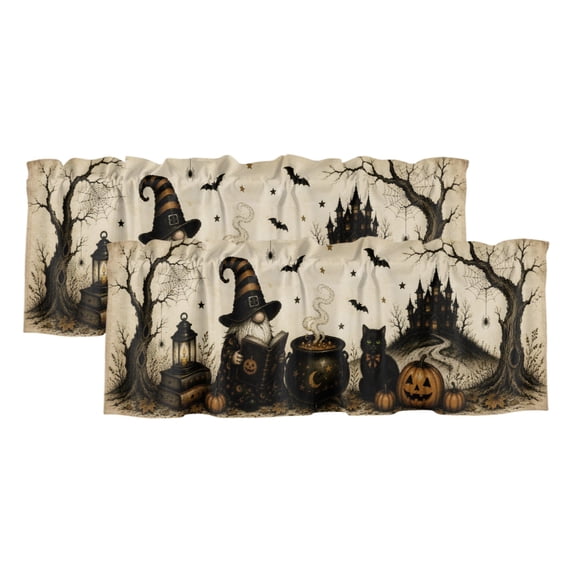 Black Gnomes Halloween Curtain Valances for Windows, Kitchen Valance Window Treatments Panel 2 Pack, Pumpkins Cats Castle Brown Rod Pocket Short Curtains for Bathroom Bedroom 42 x 12 Inch