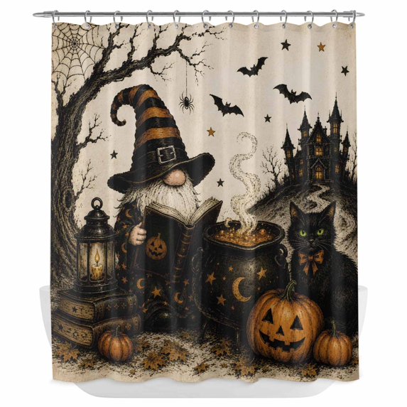 Black Gnomes Halloween Shower Curtain - Water Repellent Fabric Shower Curtains Washable, Pumpkins Cats Castle Brown Decorative Polyester Cloth Bathroom Curtains Modern Bath Decor 72"x84"