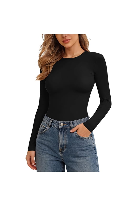 Black Going Out Bodysuit for Women Long Sleeve Faux Silk Tight Triangle Lower Belly Fat Plain Overalls Waist Trainer Bodysuit Catsuit Ladies 2026 Clothing Trendy XS