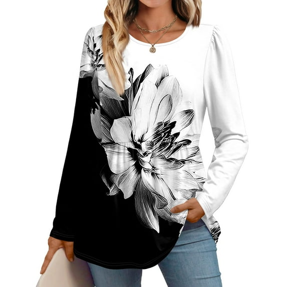 Black Going Out Top, Plus Size Floral Tunic Stretchy Polyester Blouse Fall Winter 2025 Long Sleeve Flowy Top Comfy Fitted Christmas Party Outfit Curvy Holiday Thanksgiving White M