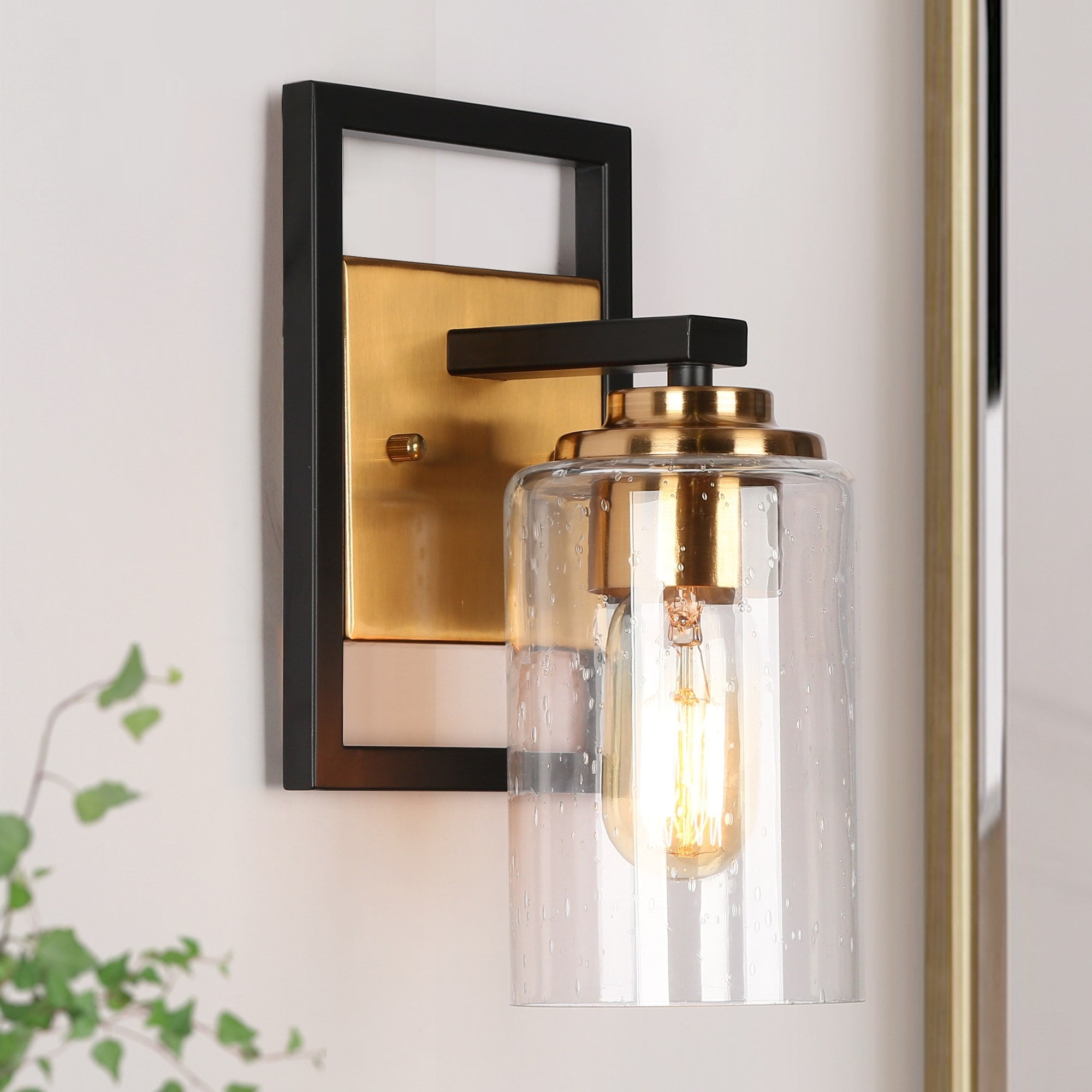 Modern Black Gold 1-Light Mini Bathroom Wall Sconce Seeded Glass Vanity ...