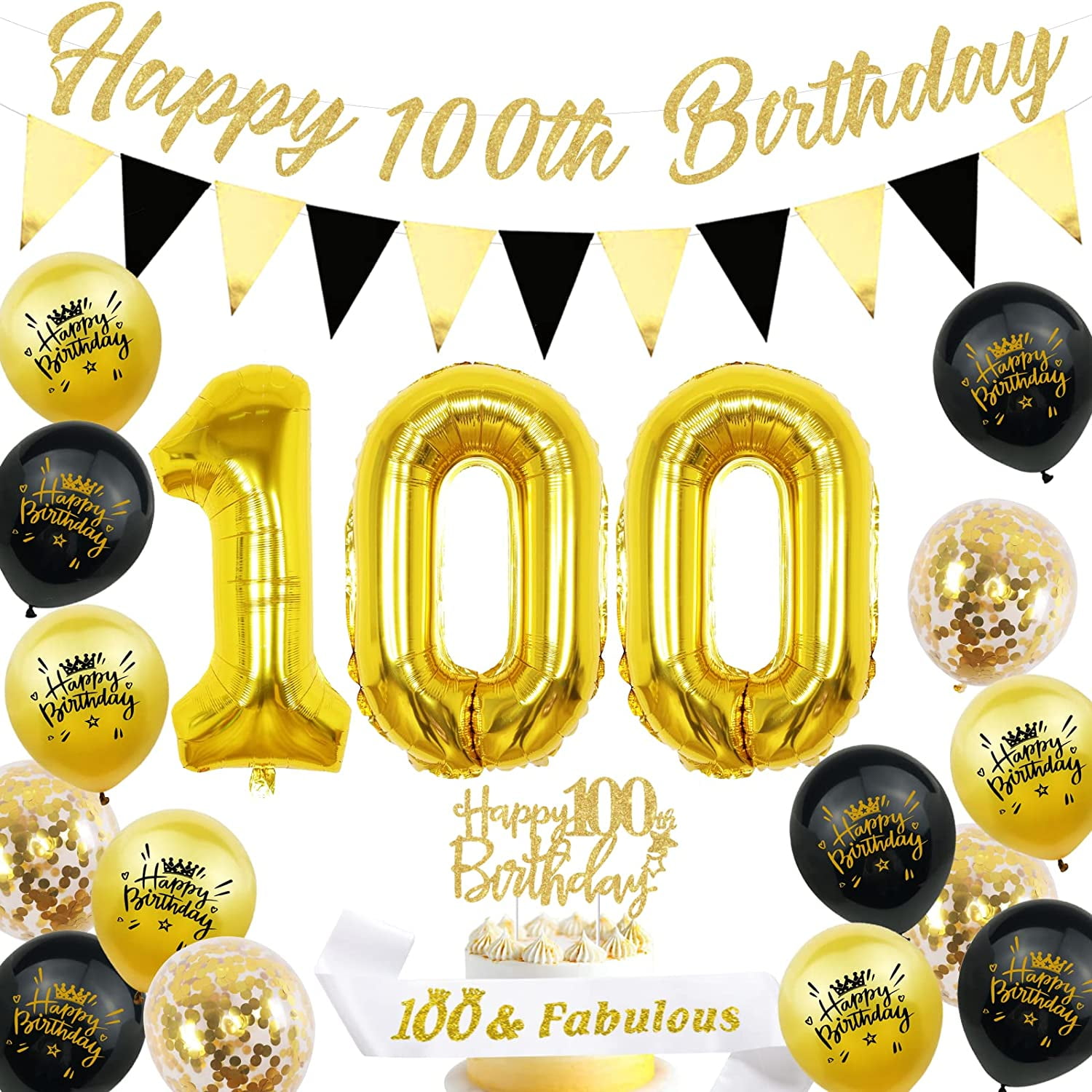 Black Gold 100th Birthday Party Decorations, Happy 100th Birthday Banner Triangle Flag Birthday Balloons Decor 100\u0026Fabulous Birthday Sash Number 100 Foil Balloons for 100th Birthday Party Supplies