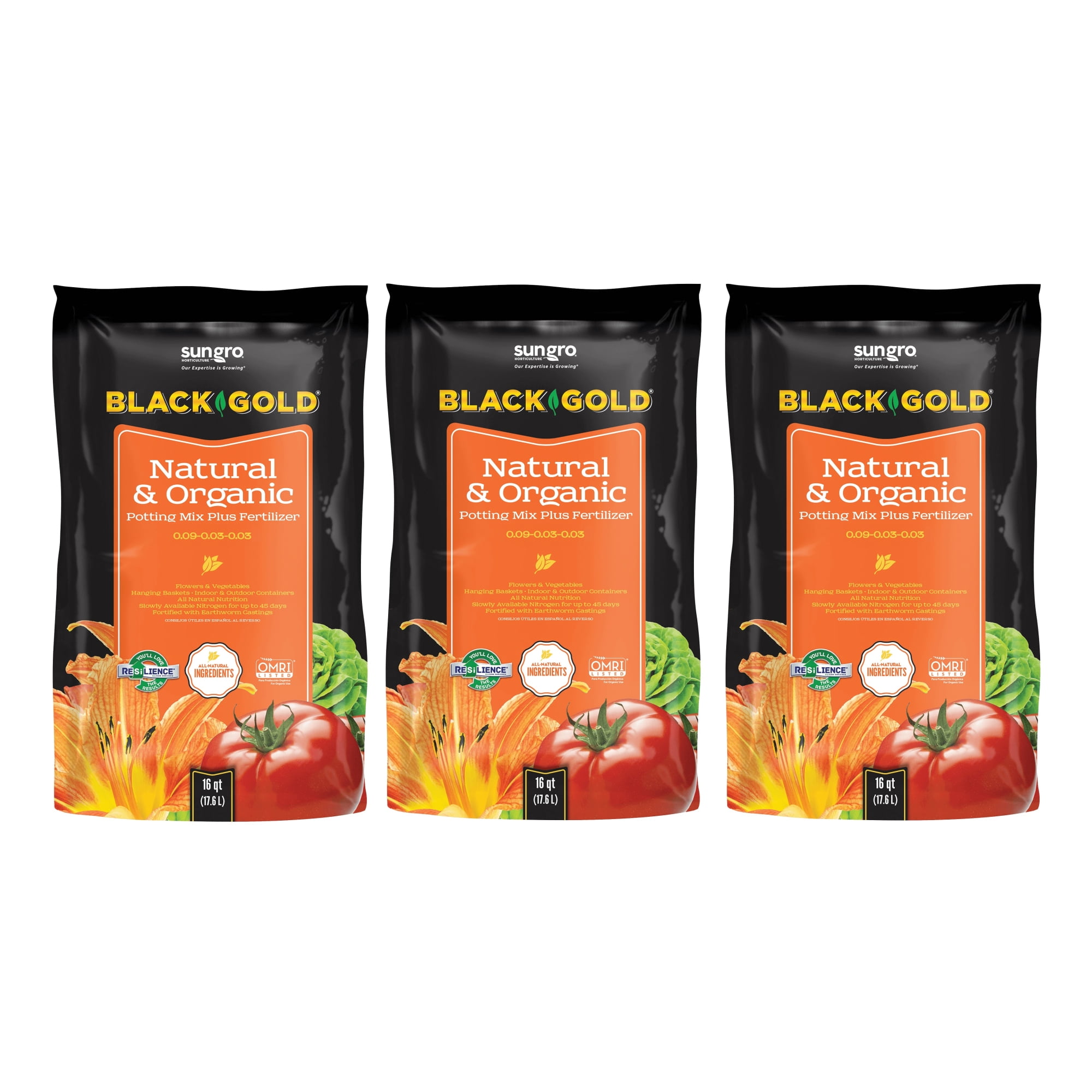 3-pack Black Gold Natural & Organic Potting Soil Plus Fertilizer - Organic Potting Soil - 3 Pack, 16 qt — Outdoor & Indoor Plant Use, Easy Application