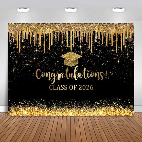 Black and Gold 2026 Graduation Backdrop Glitter Class of 2026 Graduation Background Congratulations Grad Prom Party Decorations Banner Supplies Photo Booth Props