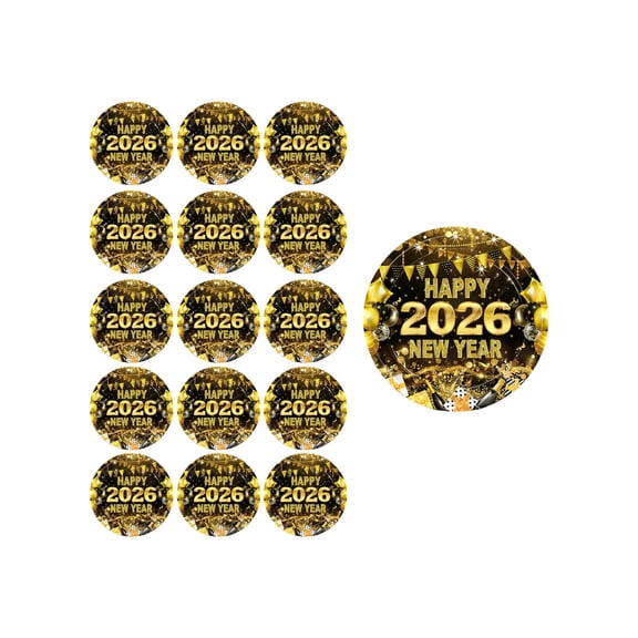 A Black And Gold 2026 Happy New Year Theme Paper Plates, 16 Pcs Disposable Party Tableware, 7 Inch Plates, Glitter Design, For Holiday Celebrations Christmas Party