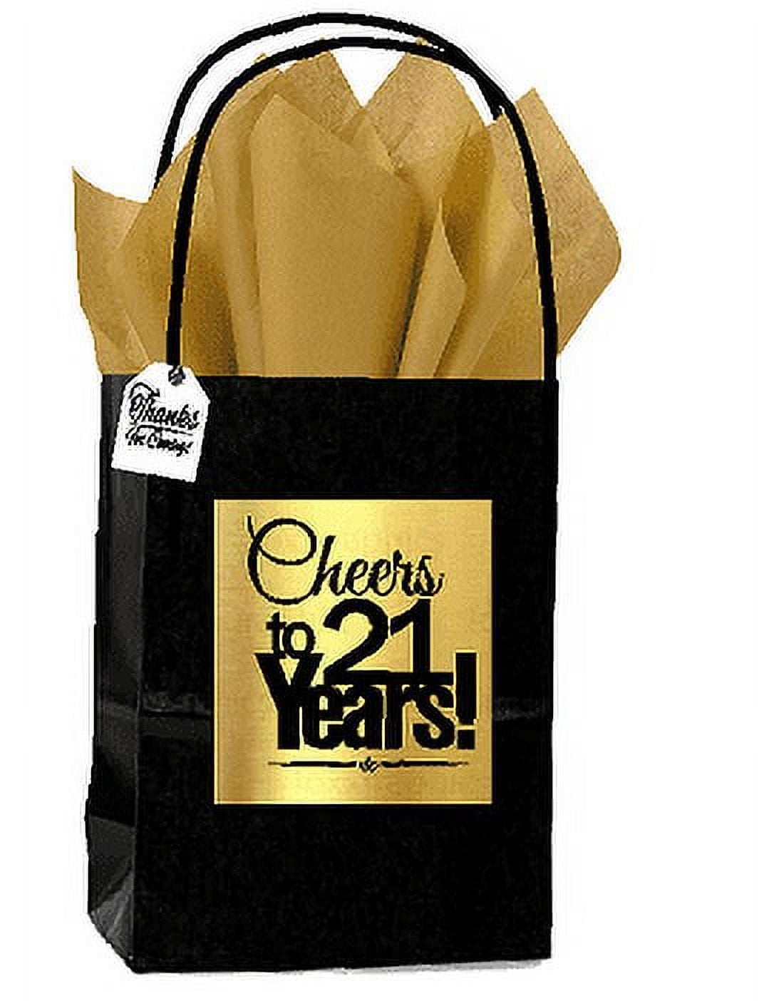 Black & Gold 21st Birthday / Anniversary Cheers Themed Small Party Favor Gift Bags with Tags -12pack