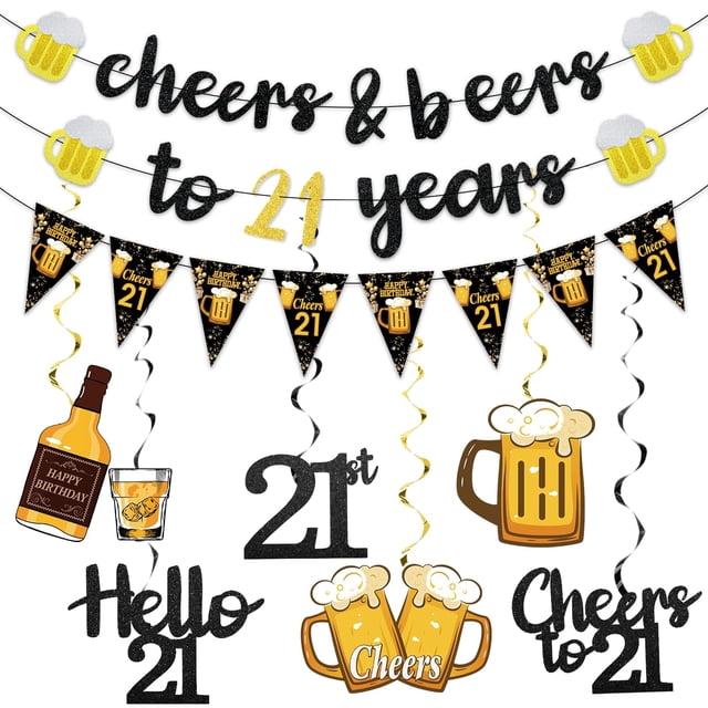 Black Gold 21st Birthday Decorations for Him Men, Glitter Pre-Strung ...