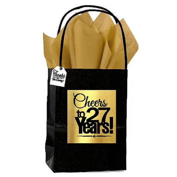 Black & Gold 27th Birthday / Anniversary Cheers Themed Small Party Favor Gift Bags with Tags -12pack