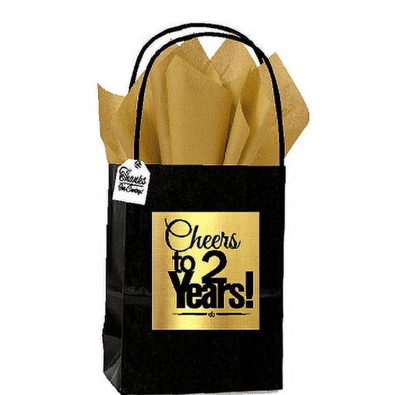 Black & Gold 2nd Birthday / Anniversary Cheers Themed Small Party Favor Gift Bags with Tags -12pack
