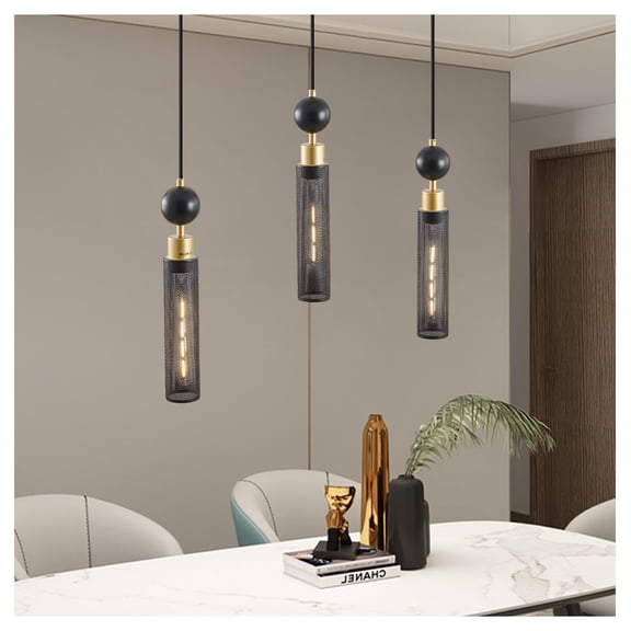 Black & Gold 3-Light Pendant Chandelier - 25" Adjustable Mesh Shade Lighting for Dining Room & Kitchen