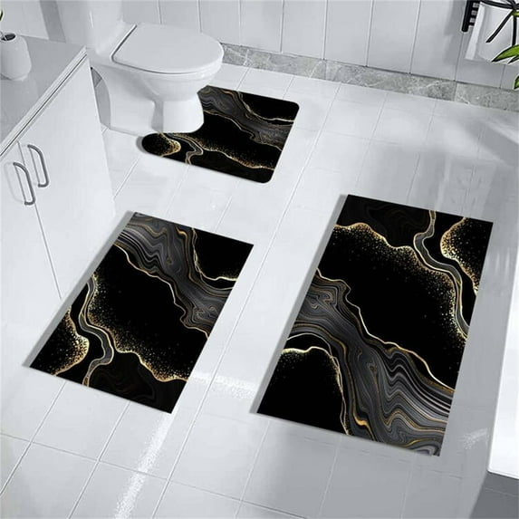 Black Gold 3-Piece Abstract Bath Mat Set - Thin, Quick-Dry, Water Absorbent Bathroom Rugs with U-Shaped Contour Toilet Mat