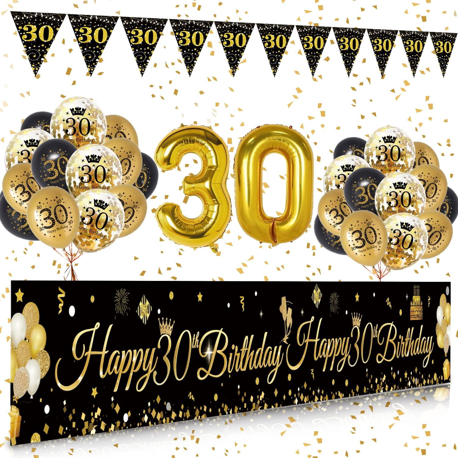 Black Gold 30th Birthday Party Decor with Banner Balloons Triangle Flag ...