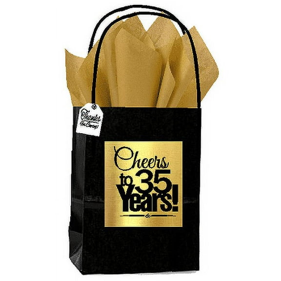 Black & Gold 35th Birthday / Anniversary Cheers Themed Small Party Favor Gift Bags with Tags -12pack