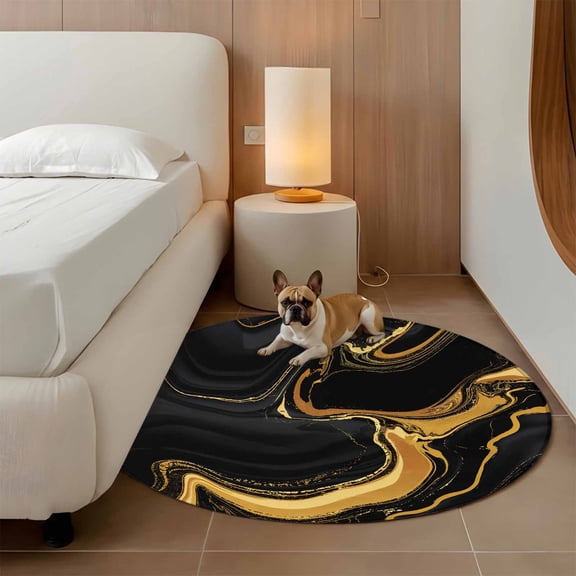 Black Gold 3ft Round Rug for Bathroom Accent Bedside Corner, Marble Luxury Abstract Abstract Fluid Texture Washable Non Slip Circle Area Rug for Small Spaces