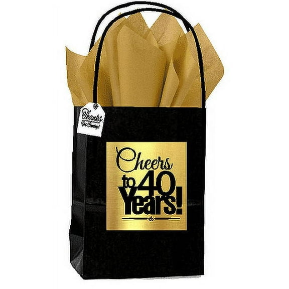 Black & Gold 40th Birthday / Anniversary Cheers Themed Small Party Favor Gift Bags with Tags -12pack