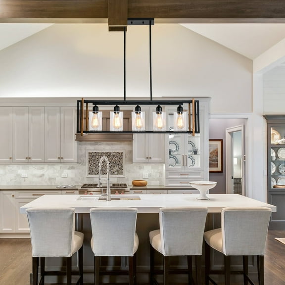 bokifol Black Gold 5-Light Farmhouse Chandeliers Rectangle Kitchen Island Light Fixtures Glass Shade,E26