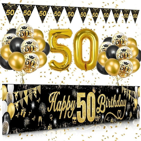 Black Gold 50th Birthday Decorations for Men Women, Black and Gold Birthday Yard Banner Sign and 18 PCS 50th Happy Birthday Balloons for 50th Anniversary Birthday Party Supplies Outdoor Yard Decor