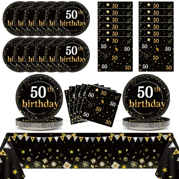 Black and Gold 50th Birthday Party Supplies Set Serves 24, 50 Years Old Themed Paper Plates Napkins Tablecloth, Cheers to 50 Decorations for Men Retirement Graduation, Black