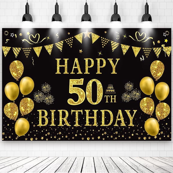 Black Gold 50th Happy Birthday Backdrop Banner, 71" x 43" Crown Balloon Photography Background with Metal Grommets & Hanging Rope for Birthday Party Decorations Photo Booth Props Cake Table Supplies