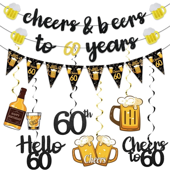 Black Gold 60th Birthday Decorations for Him Men, Glitter Pre-Strung Cheers to 60 Years Banner Hello 60 Hanging Swirls Paper Triangle Flag Banner Decorations Bday Party Supplies Kit