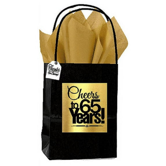Black & Gold 65th Birthday / Anniversary Cheers Themed Small Party Favor Gift Bags with Tags -12pack