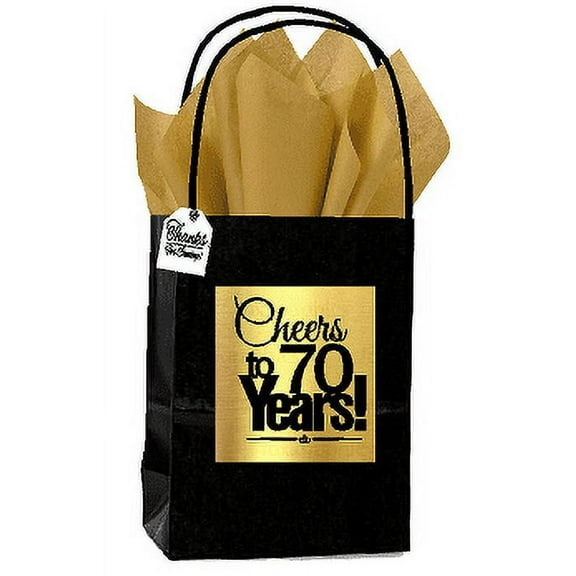 Black & Gold 70th Birthday / Anniversary Cheers Themed Small Party Favor Gift Bags with Tags -12pack