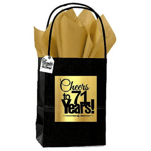 Black & Gold 71st Birthday / Anniversary Cheers Themed Small Party Favor Gift Bags with Tags -12pack