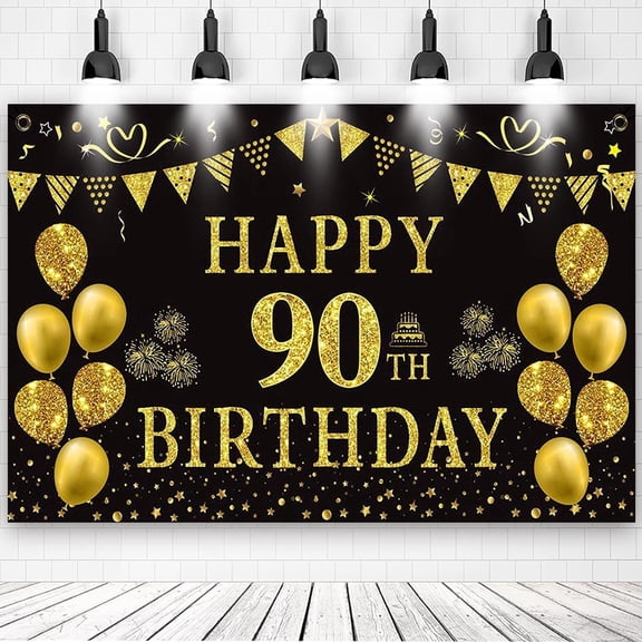 Black Gold 90th Happy Birthday Backdrop Banner, 71" x 43" Crown Balloon Photography Background with Metal Grommets & Hanging Rope for Birthday Party Decorations Photo Booth Props Cake Table Supplies