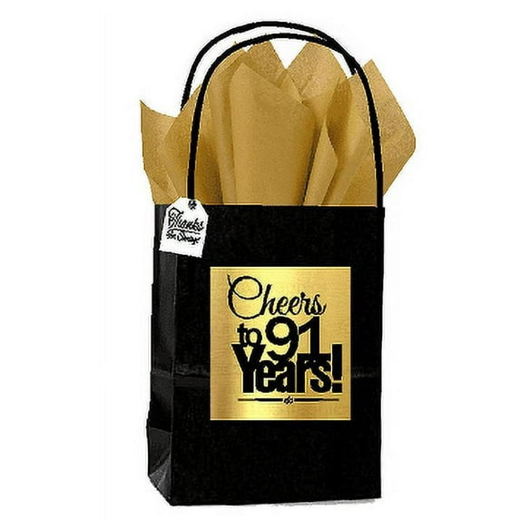 Black & Gold 91st Birthday / Anniversary Cheers Themed Small Party Favor Gift Bags with Tags -12pack