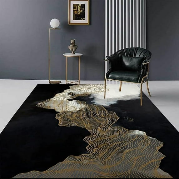 Black Gold Abstract Area Rug, Modern Minimalist Living Room Rugs, Easy-Cleaning Anti Slip Carpet For Indoor Hallway Dining Room Entryway Home Decor 5 x 6ft