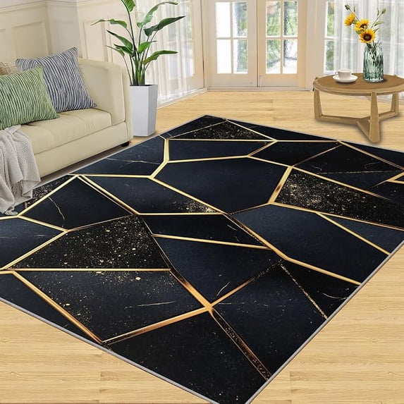 Washable Abstract Shape Rug Black Gold Abstract Geometric Area Rug, Non-Slip Machine Washable ...